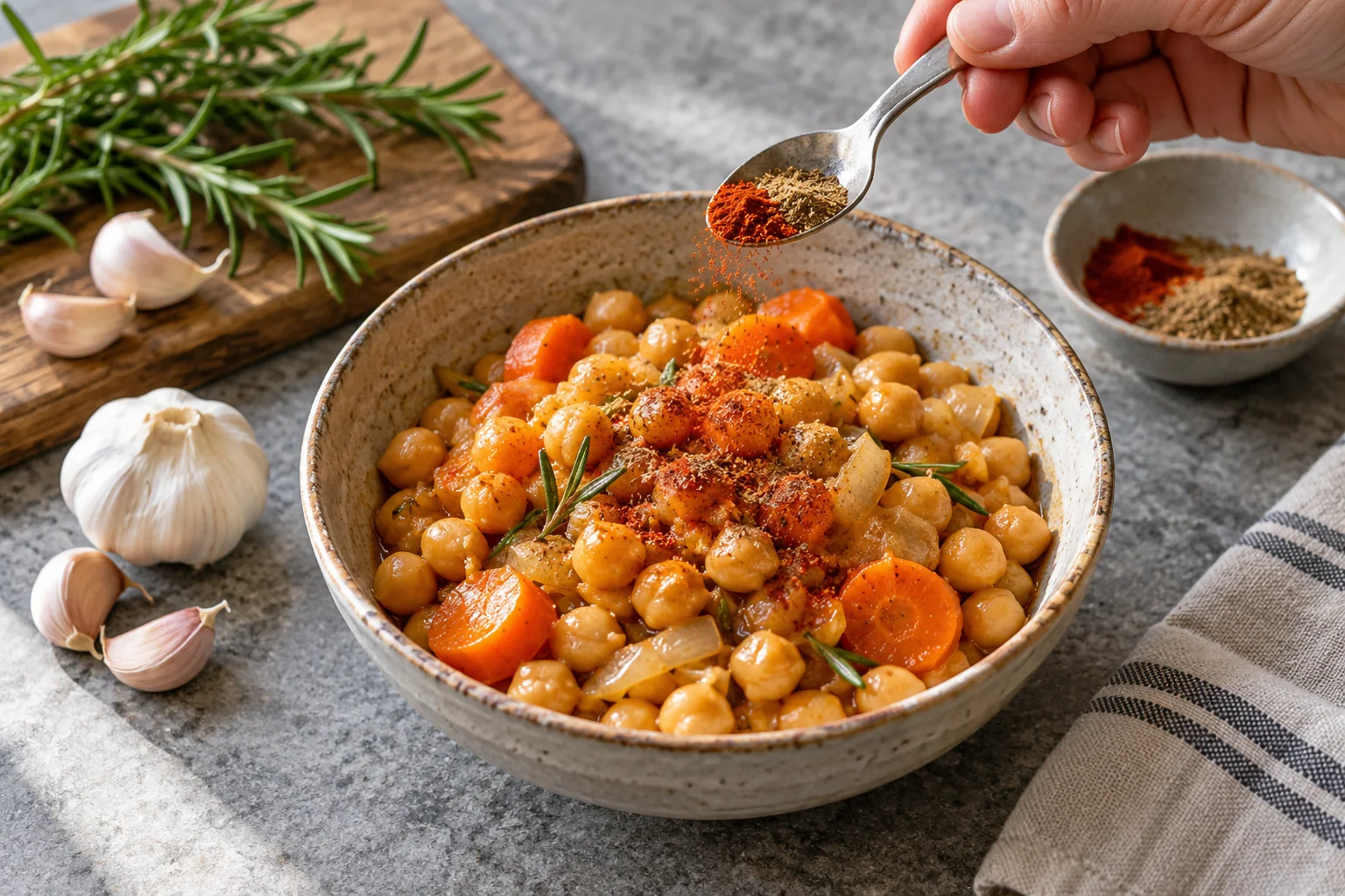 Una cuchara añade especias a un cuenco de garbanzos con zanahoria y cebolla