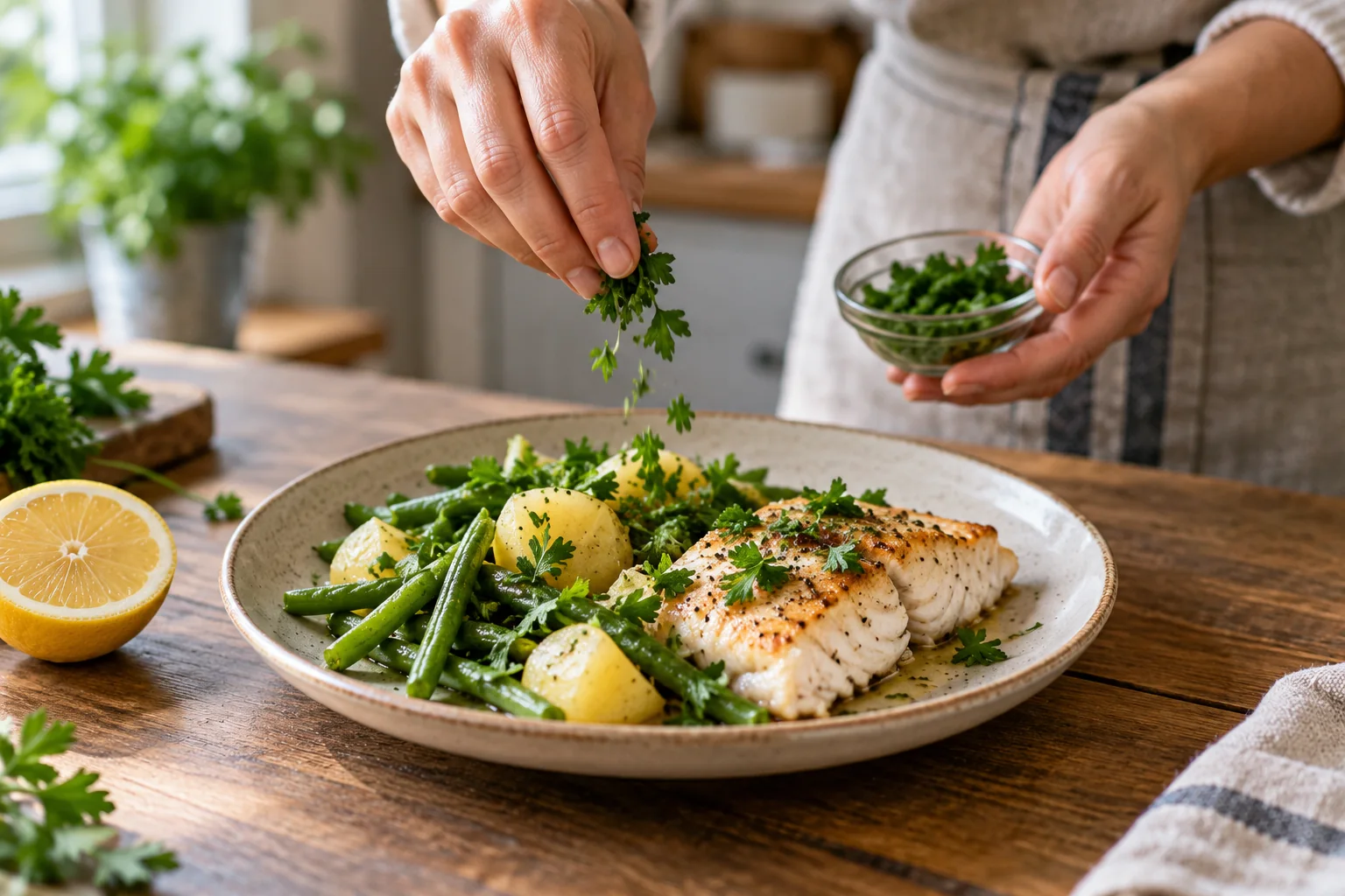 Unas manos añaden perejil a un plato de pescado con patatas y judías verdes, junto a medio limón