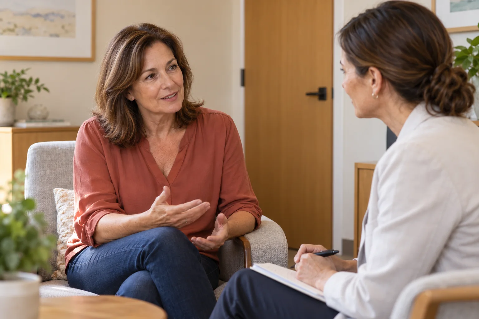 Una mujer de unos 55 años conversa con una profesional en una consulta privada