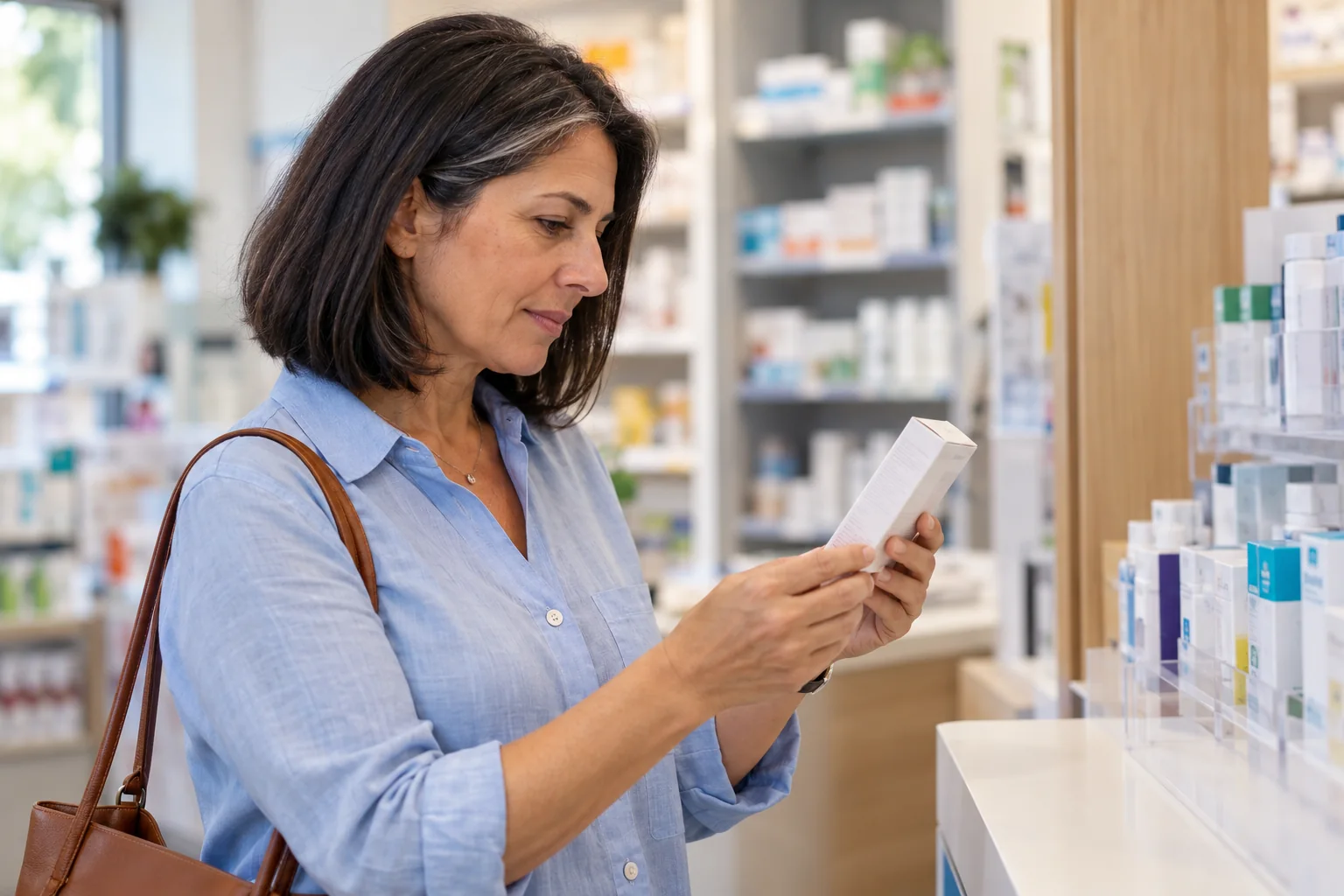 Una mujer de unos 55 años revisa la información de un envase en una farmacia