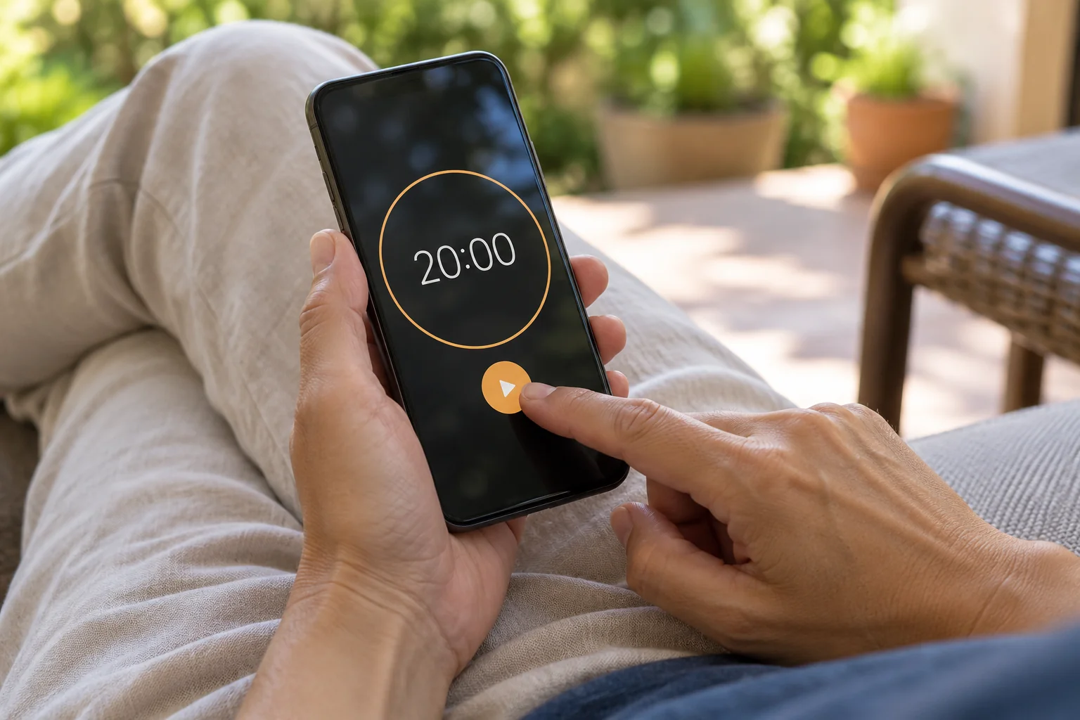 Unas manos ajustan un temporizador de veinte minutos en un teléfono