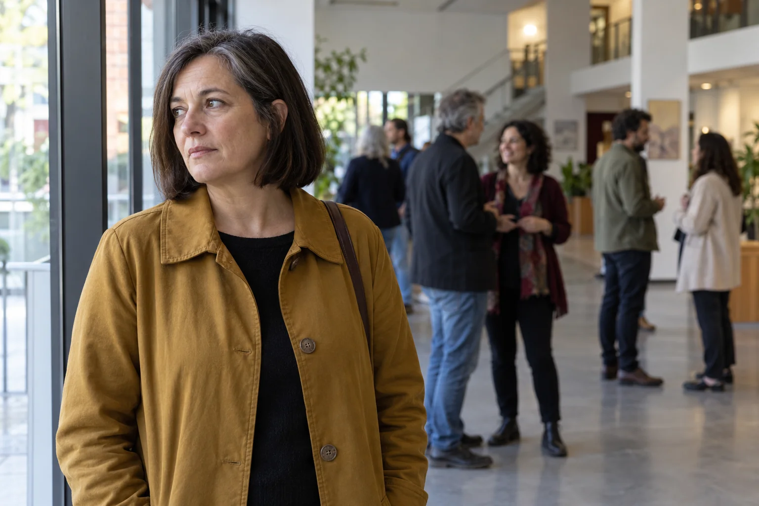 Una mujer en un vestíbulo cultural, con varias personas conversando al fondo