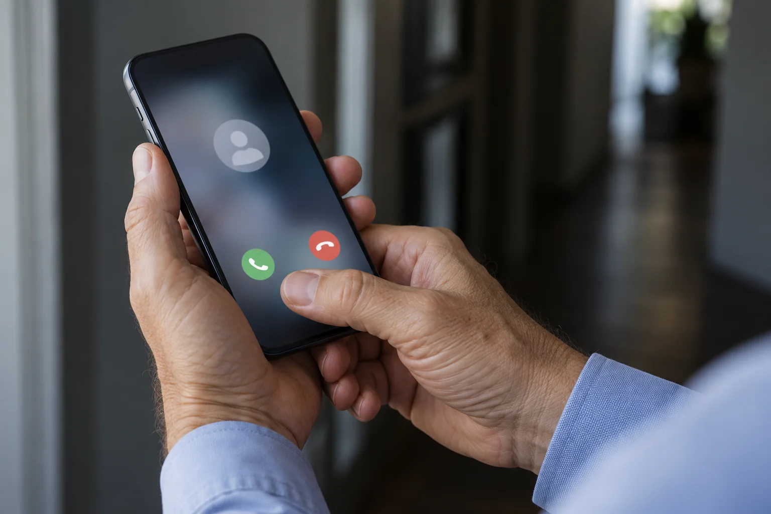 Unas manos sostienen un teléfono que muestra una llamada sin datos personales visibles