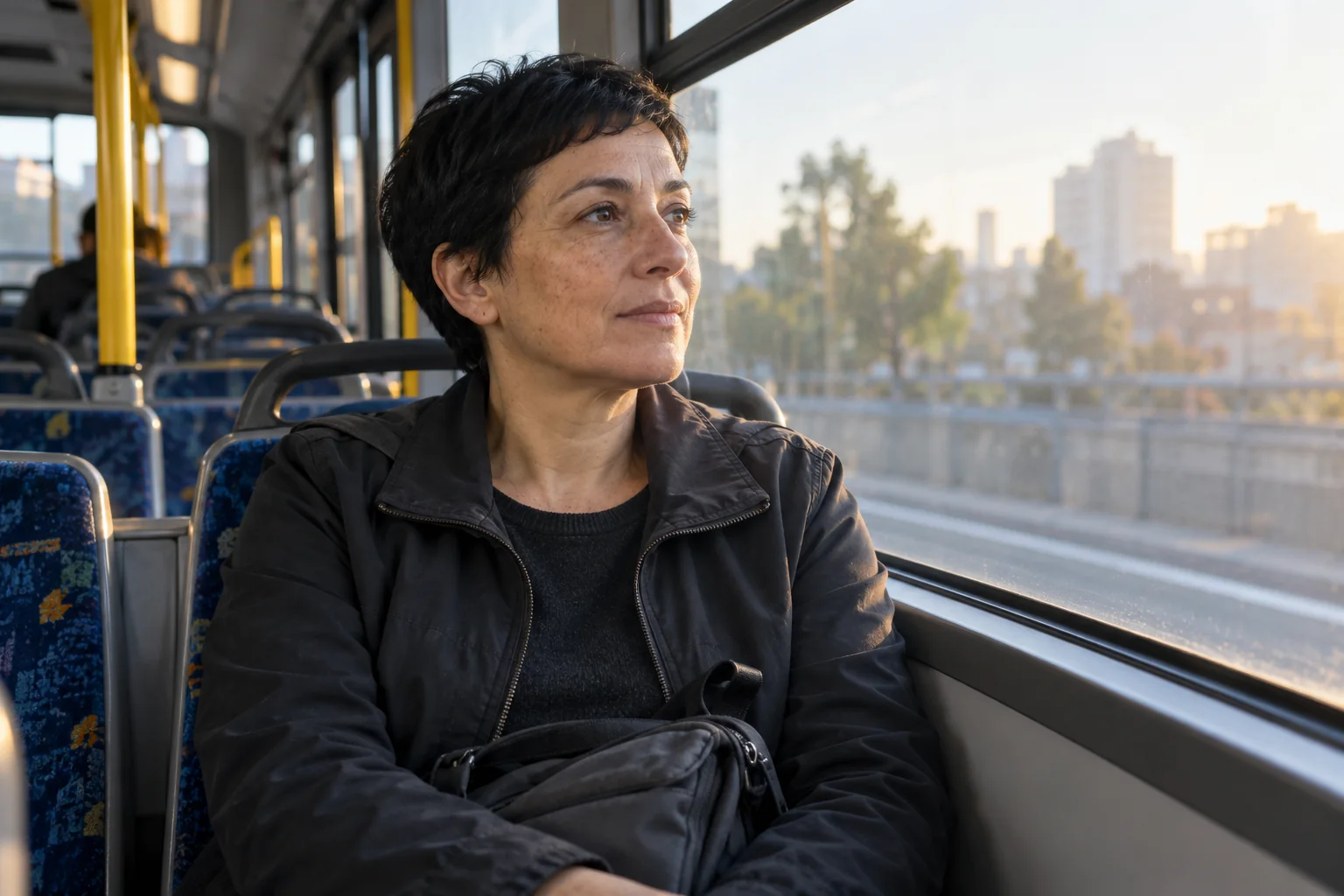 Una mujer viaja como pasajera en un autobús por la mañana